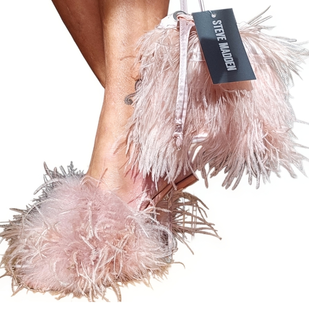Jeffrey Campbell Ostrich Feather Blush Pink Mauve Lucite Heels & New Ostrich Bag